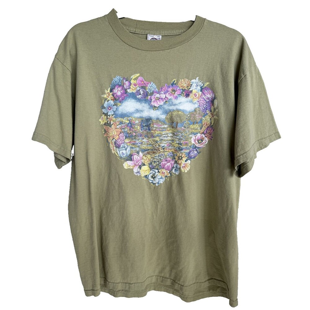 Vintage 90s Grandma Heart Shirt Large Green Floral Nature Delta Pro Weight